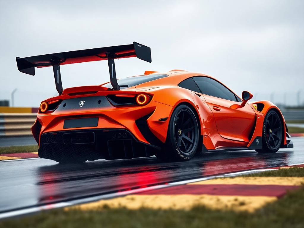 Orangefarbener Trackday-Supersportwagen mit grossem Heckflügel