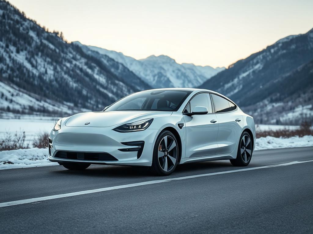 Weisse elektrische Performance-Limousine in einem Alpental
