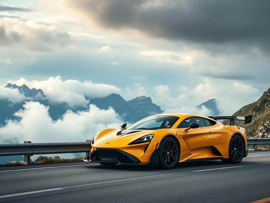 Gelber Supersportwagen auf einem Alpenpass