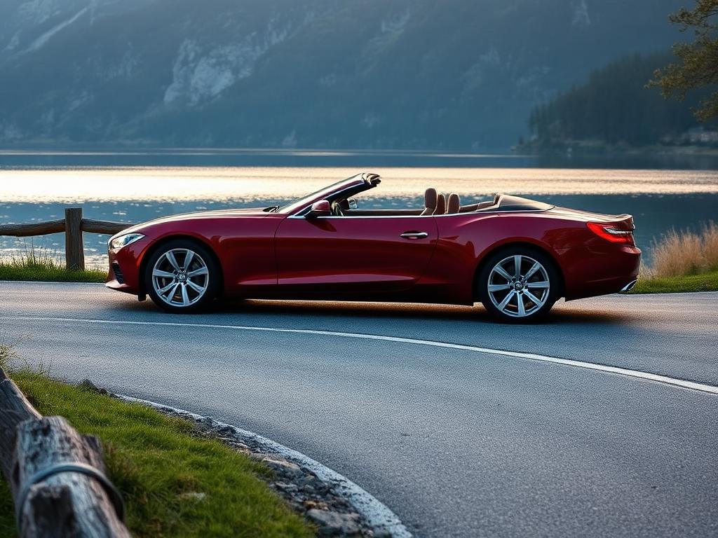 Dunkelrotes Cabriolet an einem Schweizer Seeufer