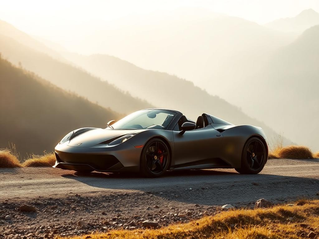 Mattgrauer Hypercar-Roadster auf einer Alpenstrasse