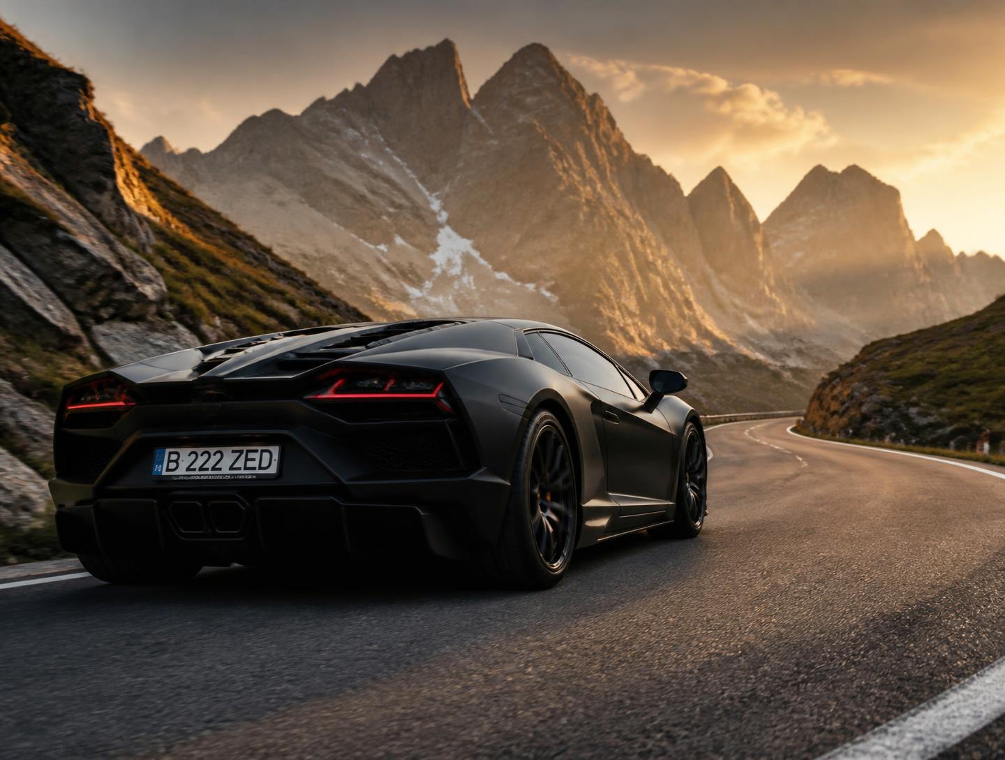 Matt schwarzer Supersportwagen auf einer Alpenpassstrasse im Abendlicht